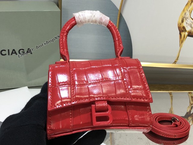 Balenciaga專櫃爆款升級版大紅漆扣鱷魚紋沙漏包 巴黎世家mini Hourglass沙漏包 fyj1100